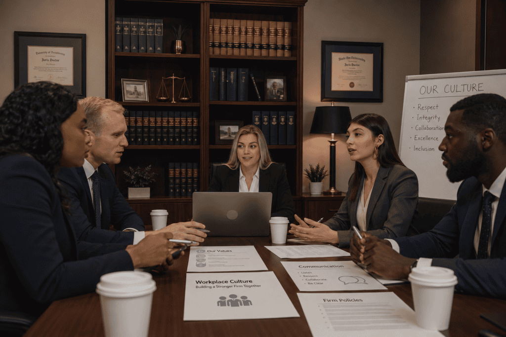 A team meeting inside a law firm discussing workplace culture